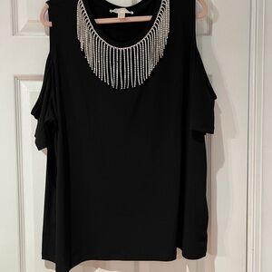 Michael Kors Elegant Black Cold Shoulder Top with Rhinestone Neckline